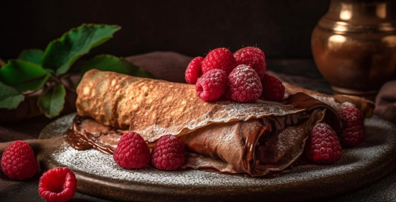 Шоколадные блины со взбитыми сливками и фруктами