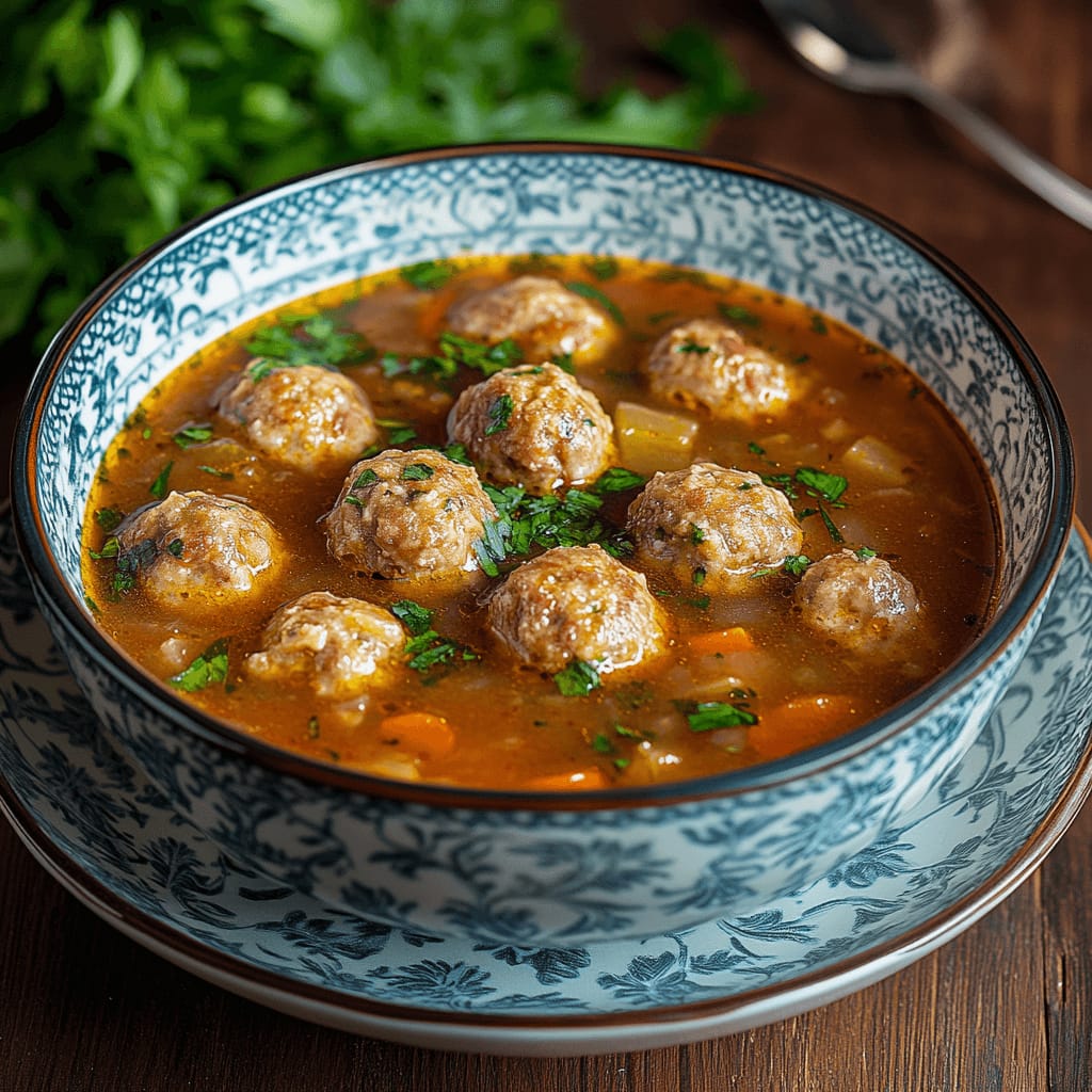 Суп с жареными тефтелями и яичной лапшой